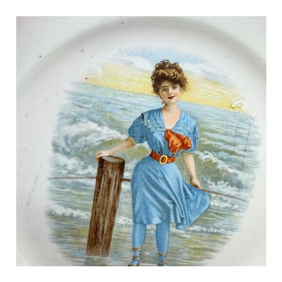 Antique Sevres France Pink And Blue Bathing Beauty Decorative Plate Edwardian - Picture 3 of 9